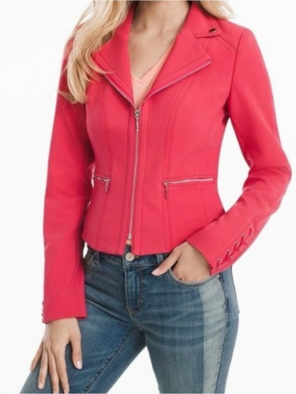 White House Black Market Coral Pink Zip-Front Moto Jacket Size 0